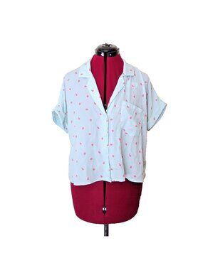Abound Womens Small Strawberry Print Button Front Shirt Camp Collar Pocket Mint(